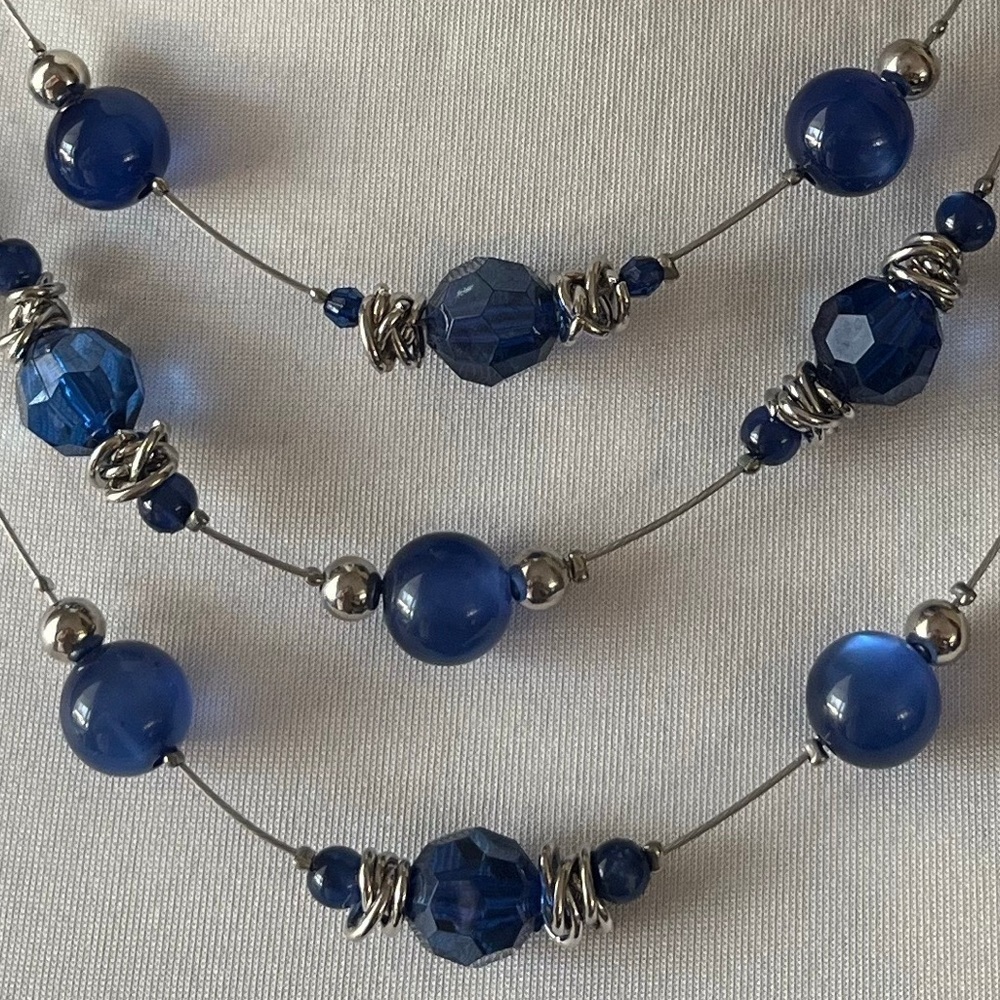 Elegant Triple Tier Blue and Silver Beaded Statement Necklace - Picture 3 of 3